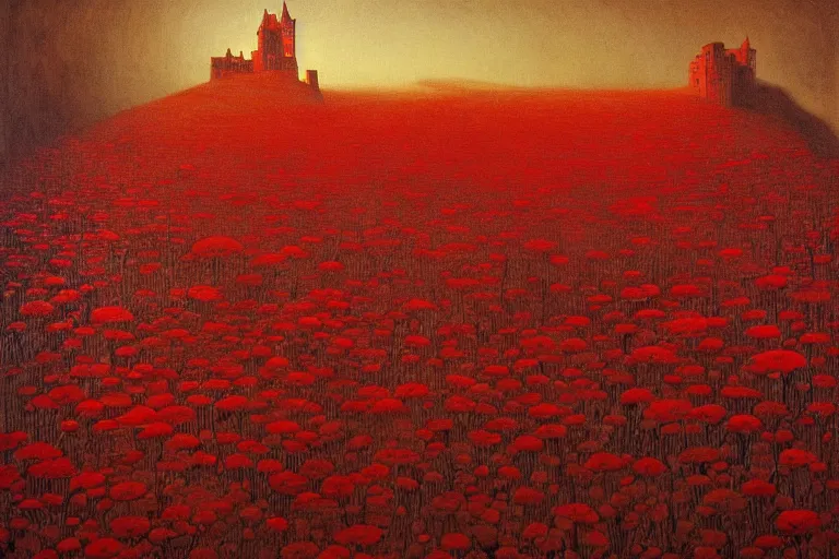 Image similar to only with red, red flowers of different types, a red tiger, a castle in the background, medieval demons dance over the flowers, an ancient path, in the style of beksinski, part by hopper, part by rodcenko, part by hofbauer, intricate composition, red by caravaggio, insanely quality, highly detailed, masterpiece, red light, artstation