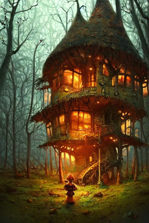 Image similar to a shot from a Jean pierre jeunet movie of a storybook style ramshackle multistory fairytale hut in the forest, intricate, elegant, fantasy, highly detailed, digital painting, concept art, sharp focus, artstation