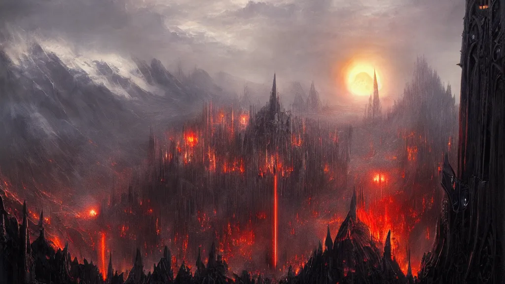 Image similar to flaming eye of sauron above the dark orc tower of barad - dur, by alan lee, michal karcz, smooth details, lord of the rings, game of thrones, smooth, detailed terrain, oil painting, trending artstation, concept art, fantasy matte painting