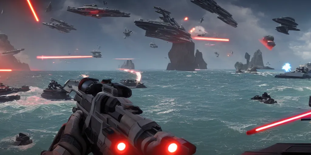 Image similar to screenshot of shore trooper, on scarif, ea star wars battlefront 2015, shooting lazers, highly detailed