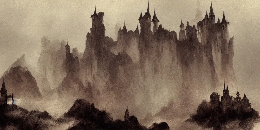 Prompt: abandoned dracula castle submerged in misty water panorama by frazetta