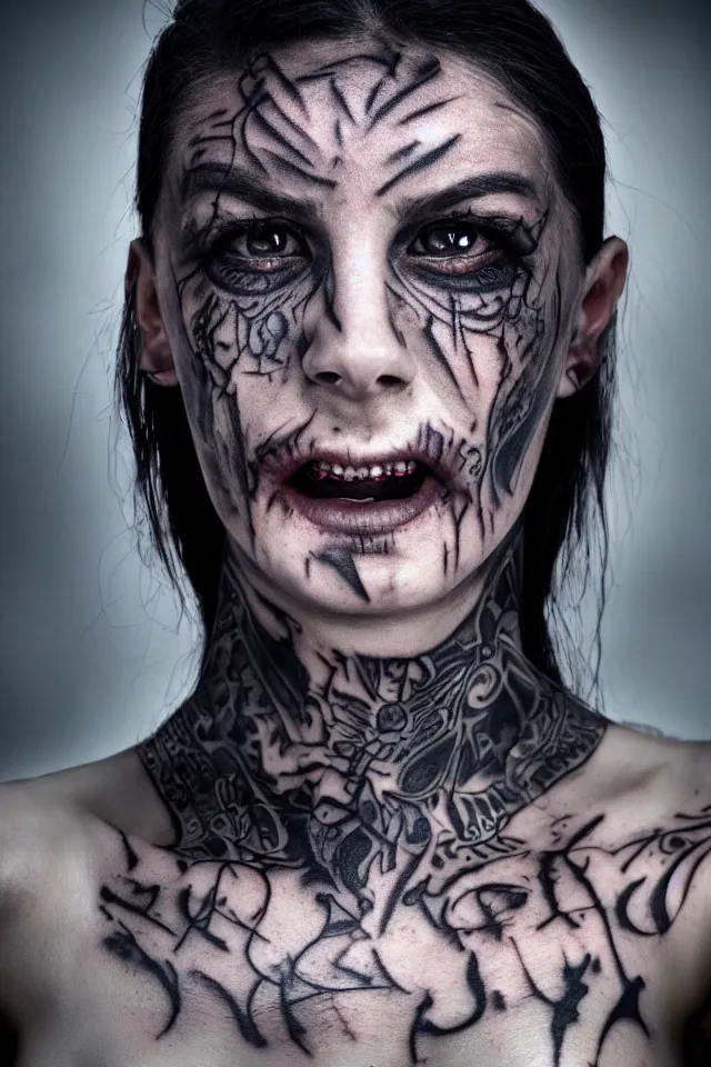 Prompt: Hot young woman with grey skin, possessed white eyes, tattoos, and wearing leather, photorealistic, HDR, volumetric lighting