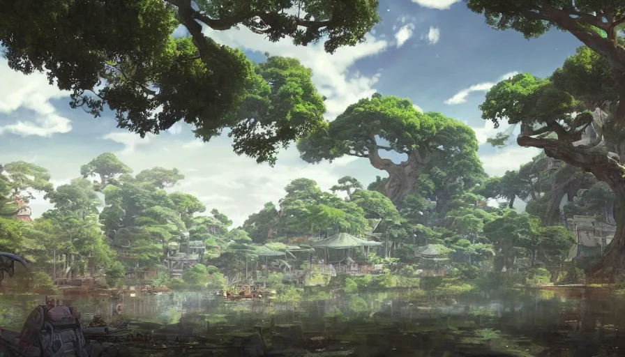 Prompt: an alien city with a pond, beautiful ancient trees, hiding large treasure chest, serene evening atmosphere, soft lens, soft light, cel - shading, animation, in the style of cgsociety, deviantart, artstation, zbrush, cinema 4 d, studio ghibli, akihiko yoshida, atelier lulua, masamune shirow