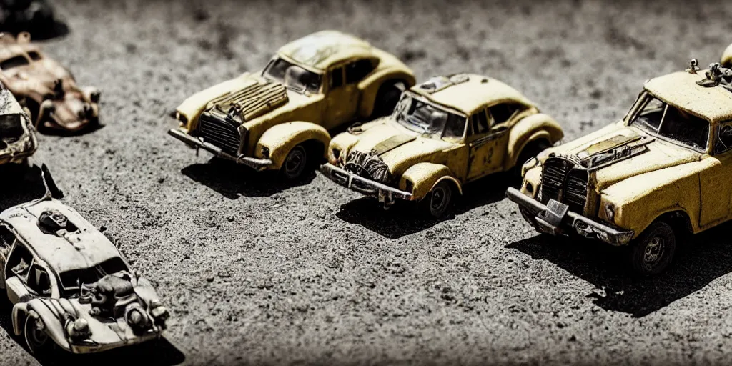 Image similar to needle felt of immortan joe and cars from fury road ( 2 0 1 5 ), tilt shift, action shot, detailed textures, action, dramatic light, god rays