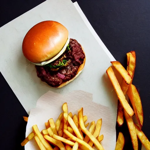 Image similar to a hamburger and side of fries, cookbook photo, good composition