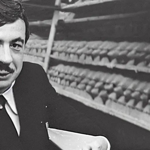 Prompt: closeup photo of young Terry Jones wearing a tuxedo, examining the price tag on a new shed