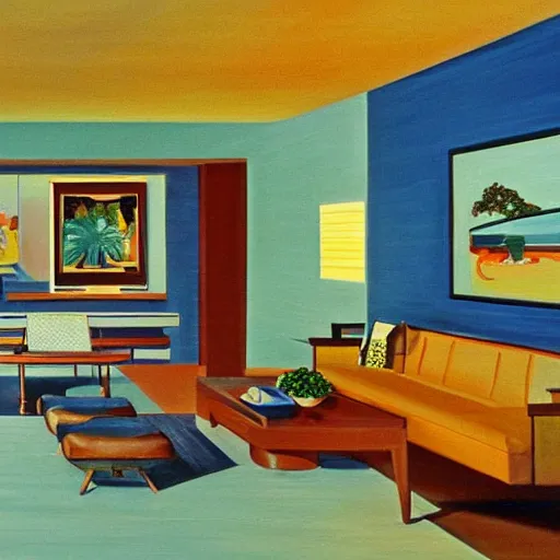 Image similar to an oil painting of the interior of a mid century modern house designed by both frank lloyd right and richard sera in palm springs