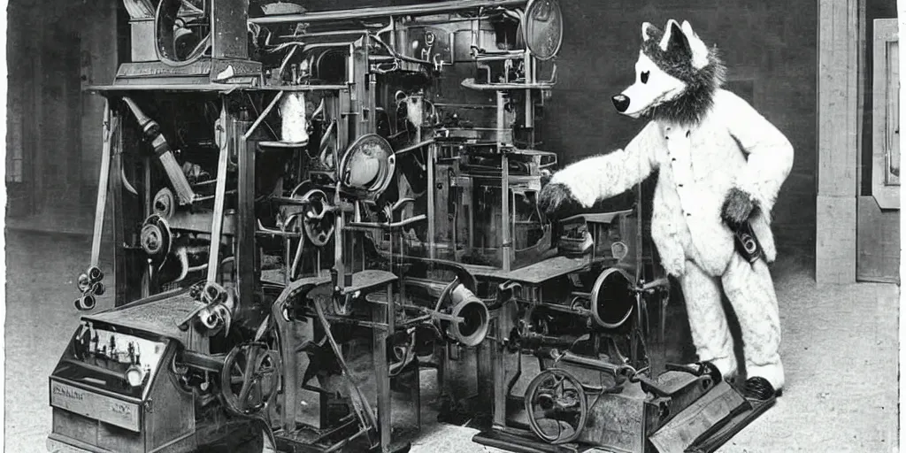 Image similar to anthropomorphic furry wolf controlling an obscure machine, 1900s photograph