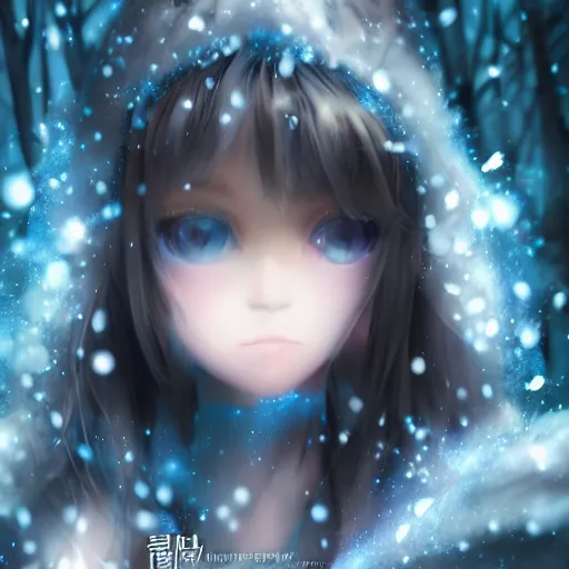 Prompt: focus face portrait of beautiful darkness 3D anime girl as knight, dark forest background, snowing, bokeh, inspired by Masami Kurumada, digital painting, high contrast, unreal engine render, volumetric lighting, high détail