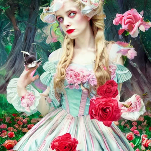 Prompt: Alice in Wonderland at the tea party, she looks like a mix of grimes, Aurora Aksnes and Lana Del rey, childlike, billowing elaborate hair and dress, strings of pearls, surrounded by red and white roses, digital illustration, inspired by a stylistic blend of Aeon Flux, Japanese shoujo manga, and John singer Sargent paintings, hyper detailed, dreamlike, otherworldly and ethereal, delicate, flower petals, super photorealistic, iridescent, prismatic light, extremely fine inking lines