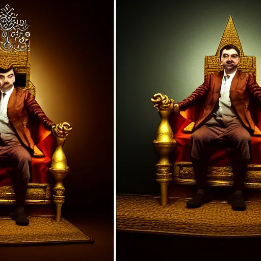 Image similar to A portrait of Mr. Bean depicted as a medieval king on throne, atmospheric lighting, painted, intricate, volumetric lighting, beautiful, rich deep colours masterpiece, golden hour, sharp focus, ultra detailed, by Leesha Hannigan, Ross Tran, Thierry Doizon, Kai Carpenter, Ignacio Fernández Ríos