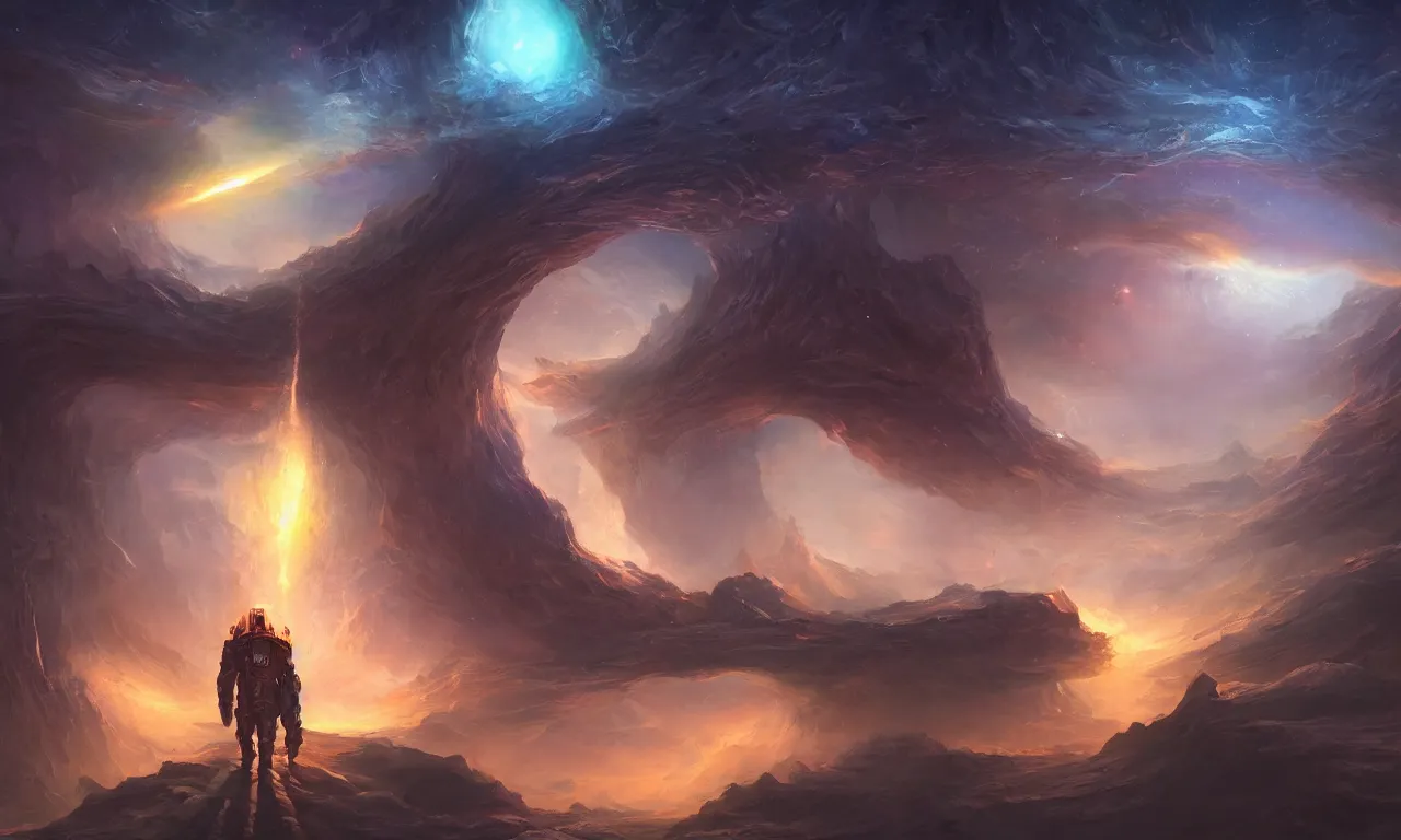 Prompt: fantasy portal to far universe. space exploration, gateway to another universe, trending on artstation, 30mm, by Noah Bradley