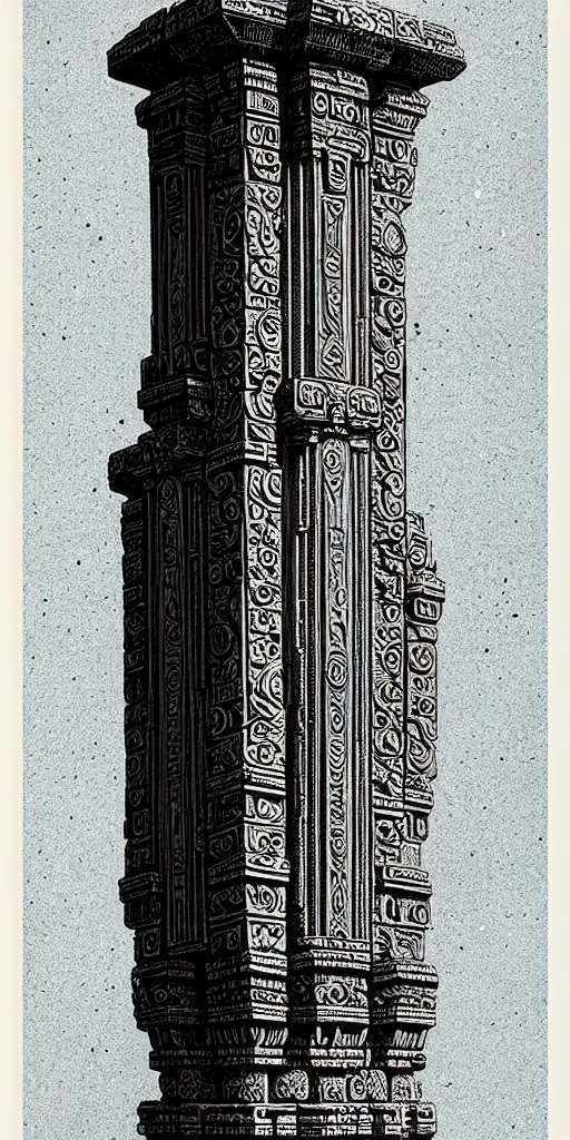 Image similar to ornate ancient stone pillar, high details, intricately detailed, by vincent di fate, inking, 3 color screen print, masterpiece, trending on artstation,, sharp, details, hyper - detailed, hd, 4 k, 8 k