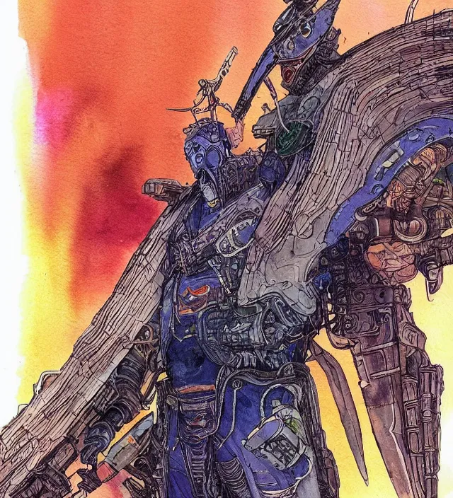 Prompt: a watercolor ink painting of a cyberpunk god of warfare and battle in the style of jean giraud in the style of moebius trending on artstation deviantart pinterest detailed realistic hd 8 k high resolution