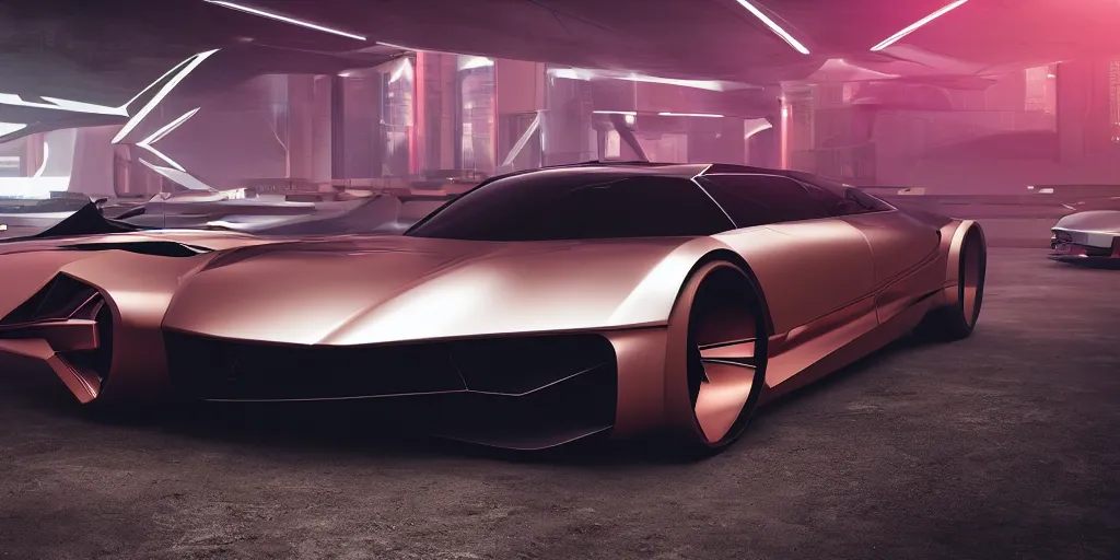 Prompt: a design of a futuristic vehicle, designed by Polestar, cyberpunk 2077 background, brushed rose gold car paint, black windows, dark show room, dramatic lighting, hyper realistic render, depth of field