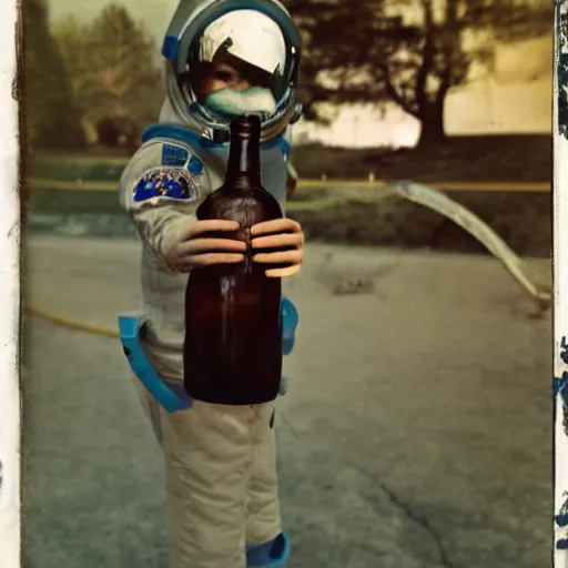 Image similar to an astronaut with a beer bottle and a vintage camera