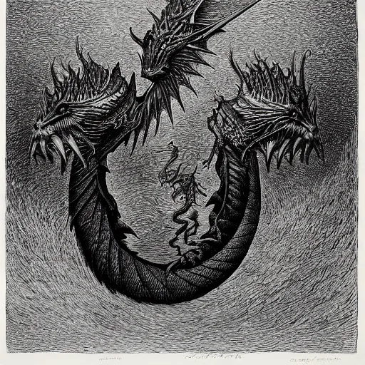 Prompt: xilography of a dragon by escher by gustave dore