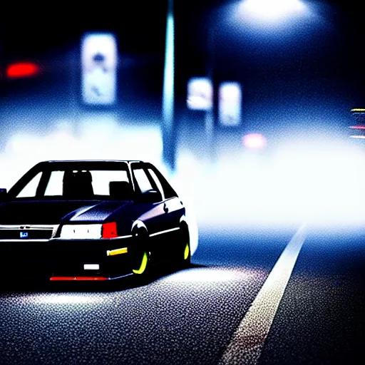 Image similar to a car JZX90 twin turbo drift spec in middle of road, Saitama prefecture, city midnight mist lights, cinematic lighting, photorealistic, highly detailed wheels, high detail