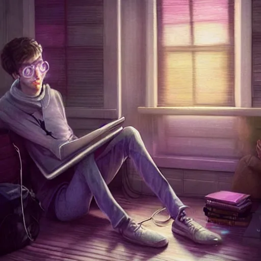 Image similar to a skinny computer nerd guy sitting on the floor of his room, crossed legs, laptop, smartphone, video games, tv, books, potions, jars, shelves, knick knacks, tranquil, calm, sparkles in the air, magic aesthetic, fantasy aesthetic, colorful, whimsical aesthetic, by stanely artgerm, tom bagshaw, arthur adams, cane griffiths, trending on deviantart, street art, face enhance, chillwave, maximalist