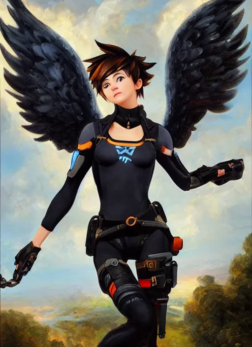 Prompt: oil painting of tracer overwatch in the style of sophie anderson, on knees, angel wings, black outfit, dramatic painting, wearing black choker,