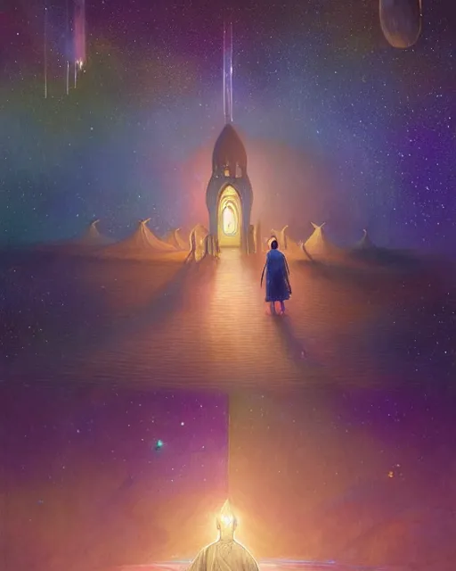 Image similar to bedouin child praying in galaxy walking towards mosque surrounded by nebula, highly detailed, gold filigree, romantic storybook fantasy, soft cinematic lighting, award, disney concept art watercolor illustration by mandy jurgens and alphonse mucha and alena aenami, pastel color palette, featured on artstation