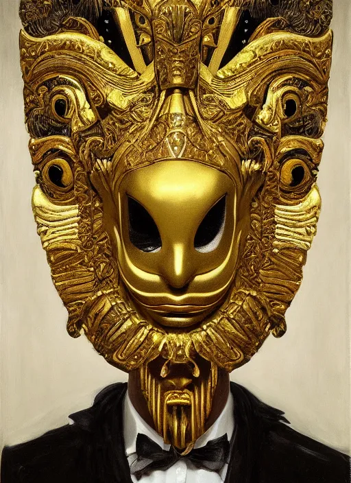 Image similar to highly detailed oil painting | very intricate | cinematic lighting | black, white and gold color scheme, dark background | the tiki mask by alexander mcqueen | by roberto ferri, by gustav moreau, by singer sargent and klimt, american romanticism, occult art | by austin osman spare, artstation, cgsociety, official art, octane