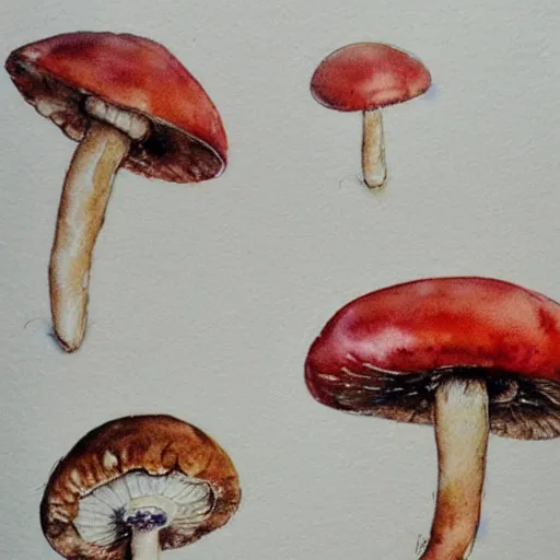 Prompt: detailed jean - baptiste monge water color on white paper watercolor sketch of mushrooms hard edges, pencil lines, drips, runs, spatter. red chrome