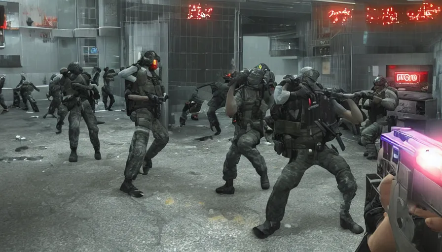 Image similar to 2020 Video Game Screenshot, Anime Neo-tokyo Cyborg bank robbers vs police, Set inside of the Bank, Open Vault, Multiplayer set-piece Ambush, Tactical Squads :9, Police officers under heavy fire, Police Calling for back up, Bullet Holes and Realistic Blood Splatter, :6 Gas Grenades, Riot Shields, Large Caliber Sniper Fire, Chaos, Metal Gear Solid Anime Cyberpunk, Akira Anime Cyberpunk, Anime Bullet VFX, Anime Machine Gun Fire, Violent Action, Sakuga Gunplay, Shootout, :7 Inspired by Escape From Tarkov :6, Intruder + Akira :12 by Katsuhiro Otomo: 19, 🕹️ 😎 🔫 🤖 🚬