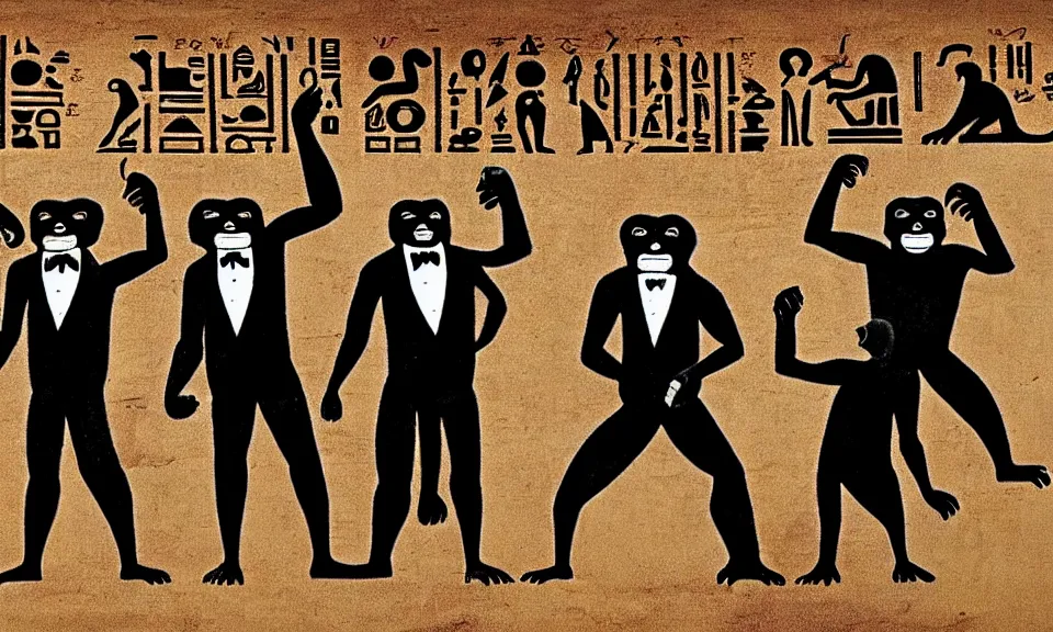 Image similar to Five apes against two millionaires wearing tuxedos. Hieroglyphs.