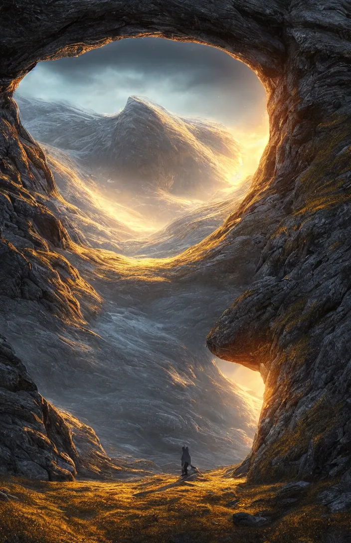 Image similar to a highly detailed glowing portal within an norway landscape, detailed, high mountains, hyperreal phantastic, uplight, intricate details in environment, luminance, golden ratio, high aestehtic, cinematic light dramatic light, godrays, distance, hyperreal, photobash, wideangle, terrence malick, hyperreal 4 k