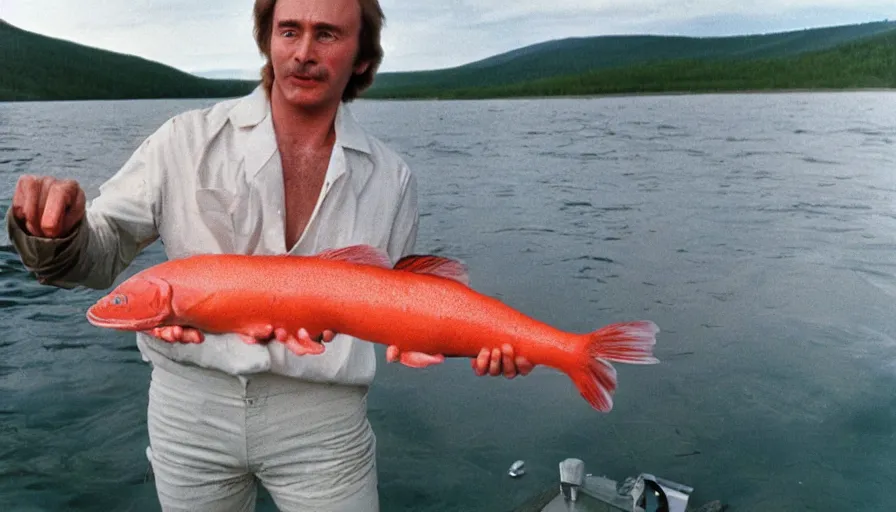 Image similar to 7 0 s movie still of putin in speedo, proudly holding a salmon on a fishing trip in siberia. cinestill 8 0 0 t _ 3 5 mm eastmancolor, heavy grain, high quality, high detail