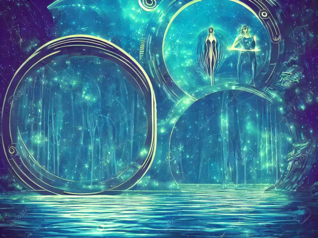 Prompt: artdeco illustration beautiful magical gleaming holographic portal to another world, in a lake, magical, ethereal, sci - fi,