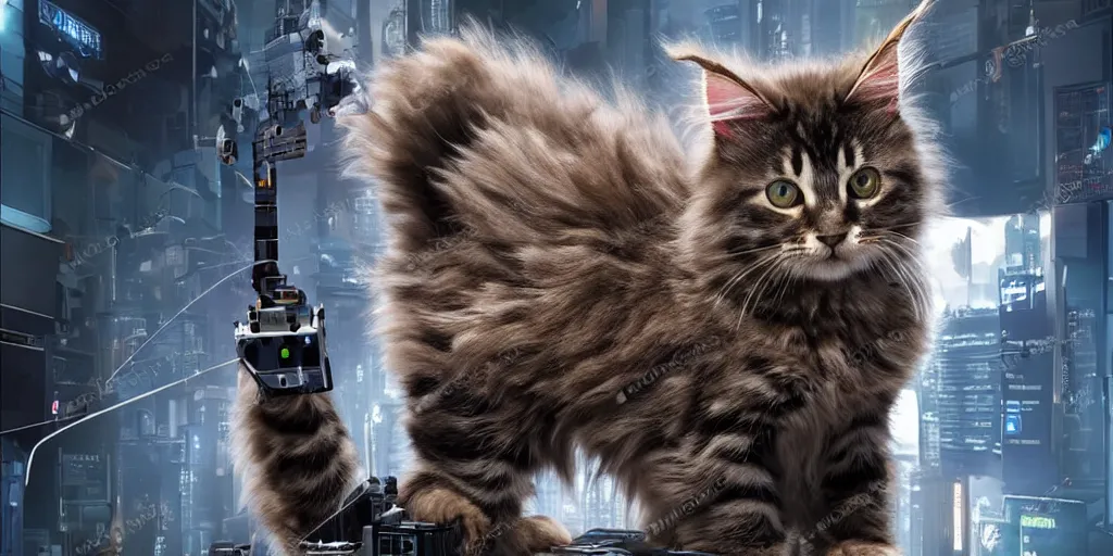 Image similar to a 3 d rendered movie still a of mainecoon robot kitten has become a cat scanning device. cyberpunk cat tree. science fiction blockbuster movie from the future, imax 7 0 mm. style of mandalorian ( american space western television series )