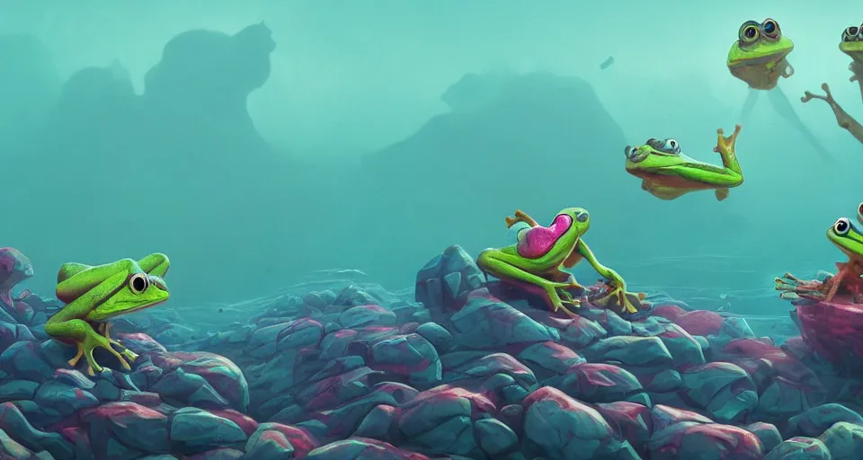 Image similar to hyper realistic cute frogs everywhere are swimming under vast sea, by simon stalenhag,, high fantasy, cgsociety, cheerful colours, full length, exquisite detail, post - processing, masterpiece, cinematic, 4 k, 8 k