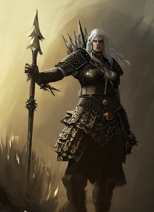 Prompt: masterpiece concept art of a tall, enormously strong woman with black hair, intricate dark monster hunting armor and a golden crown. witcher concept art. trending on pixiv, trending on ArtStation, wallpaper, cinematic