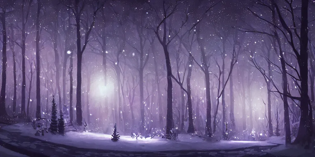 Image similar to high quality illustration of an enchanted magical winter forest::night time, glowing sparkles, mystic lightning::painted by Daisuke Tsutsumi, artstation art