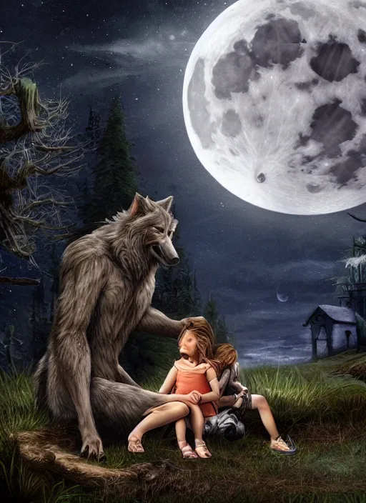 Prompt: a werewolf at night sitting next to a human child in front of full moon, fantasy art, matte painting, highly detailed