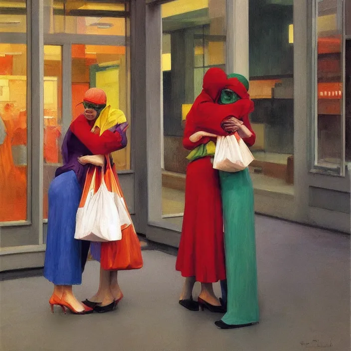 Prompt: colorful women hugging with a paper bag over the head, dressed in plastic bags, inside shopping center, highly detailed, artstation, art by , edward hopper, zdislav beksinski, wayne barlowe