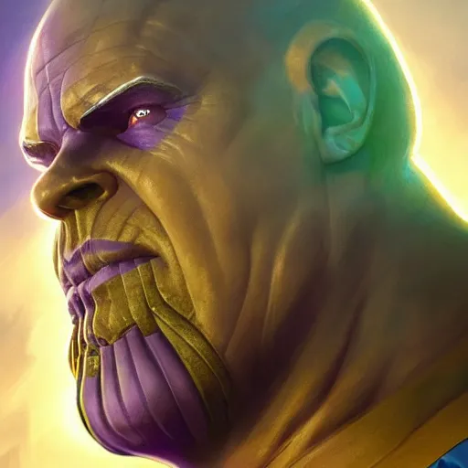 Image similar to thanos, comic, flat, 2 d, infinity gauntlet, portrait, intricate, detailed, volumetric lighting, scenery, digital painting, highly detailed, artstation, sharp focus, illustration, concept art, ruan jia, art by artgerm and greg rutkowski