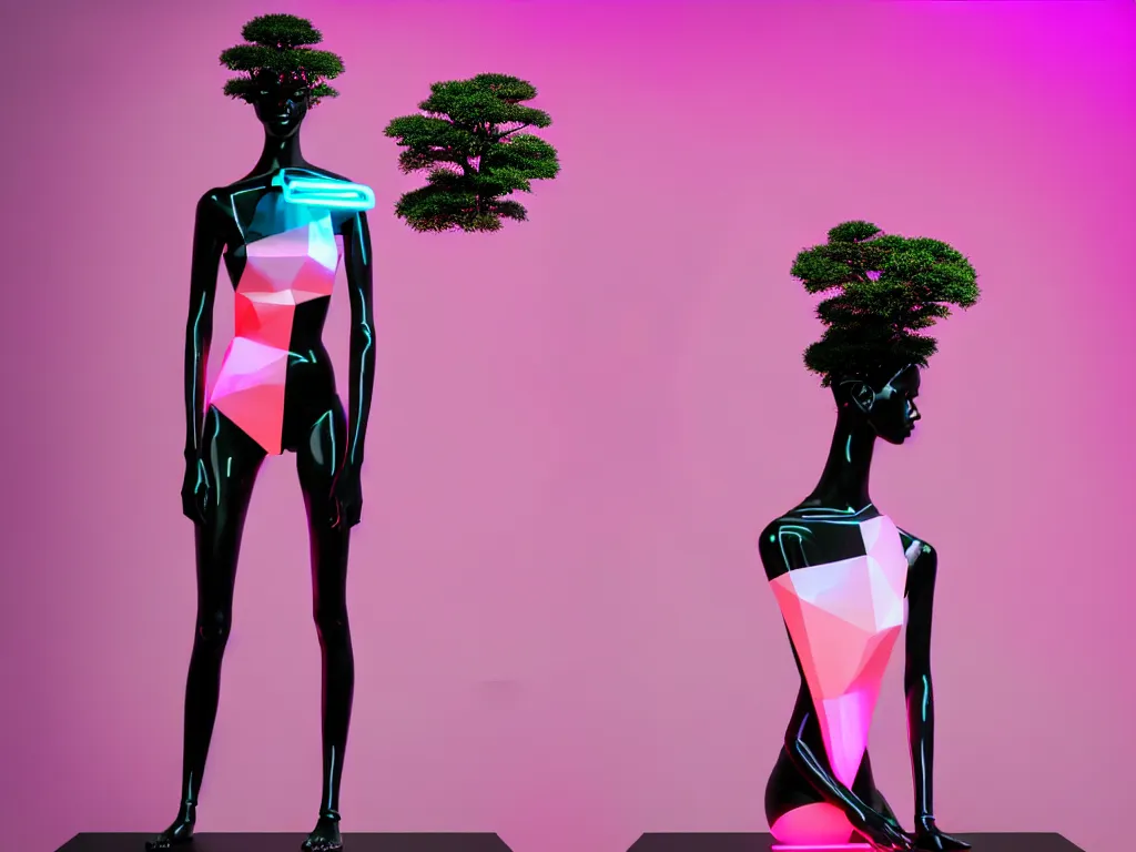 Prompt: beautiful mannequin sculpted out of black glass by billelis + lit with geometric neon dripping gold + doorway opening to a new dimension with neon pink geometric fractal light + flowering bonsai trees!!!!, transcendent, clean linework, dramatic, finely detailed, 4 k, trending on artstation, award winning, photorealistic, volumetric lighting, octane render