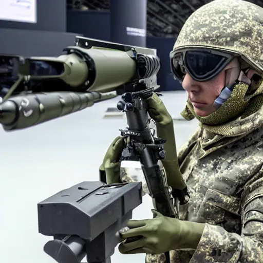 Image similar to a rare military frog equipped with rocket launcher and night vision target acquisition system, photo from defense innovation expo 2 0 2 2