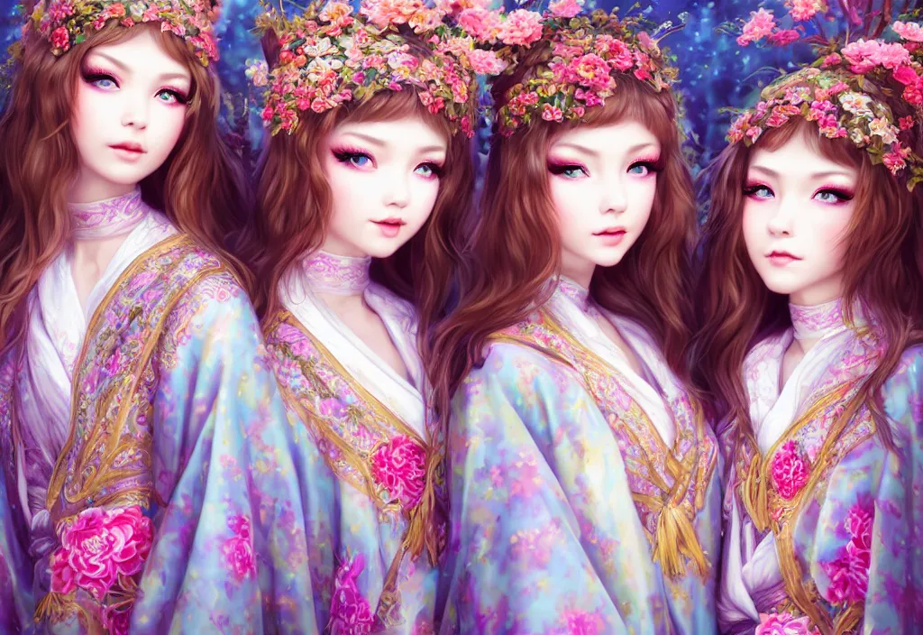 Image similar to two beautiful fashion siberian girls wear fantasy kimono in festival | | big eyes, sunny, dreamlike art, realistic shaded, smile, good looking, hyper details, 4 k realistic, cryengine, realistic shaded lighting poster by artgerm, ross tran, fuji choko, loish, 8 k resolution, trending on artstation, luxury