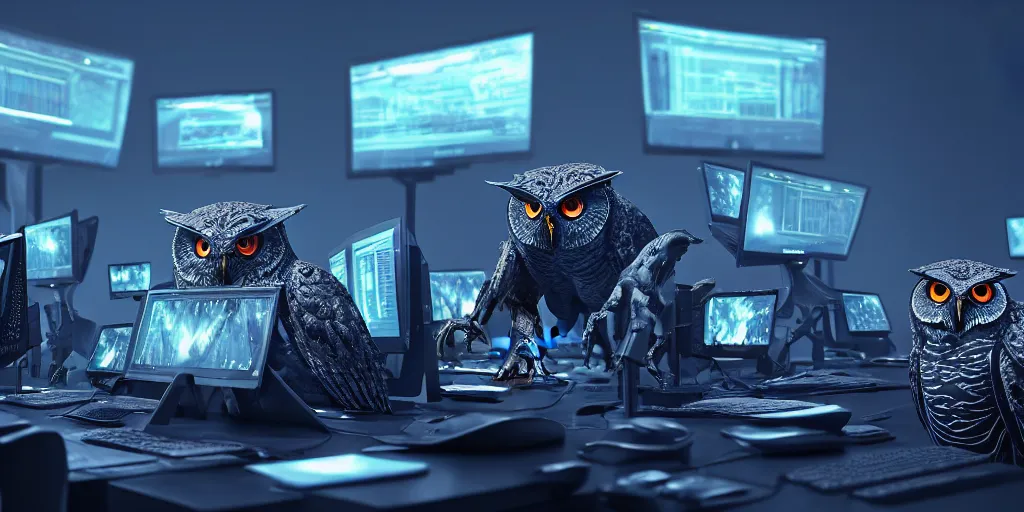 Image similar to an giant evil, malevolent, cyborg owls looking at a computer, surrounded by computer screens. this 4 k hd image is trending on artstation, featured on behance, well - rendered, extra crisp, features intricate detail and the style of unreal engine. volumetric lighting octane render