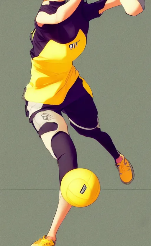 Prompt: character design, manga style, realistic lighting, futuristic solid colors, made by ilya kuvshinov, uploaded on safebooru, from arknights, female beach volley player, elegant, futuristic yellow lens, sport clothing, visible feets, simple background