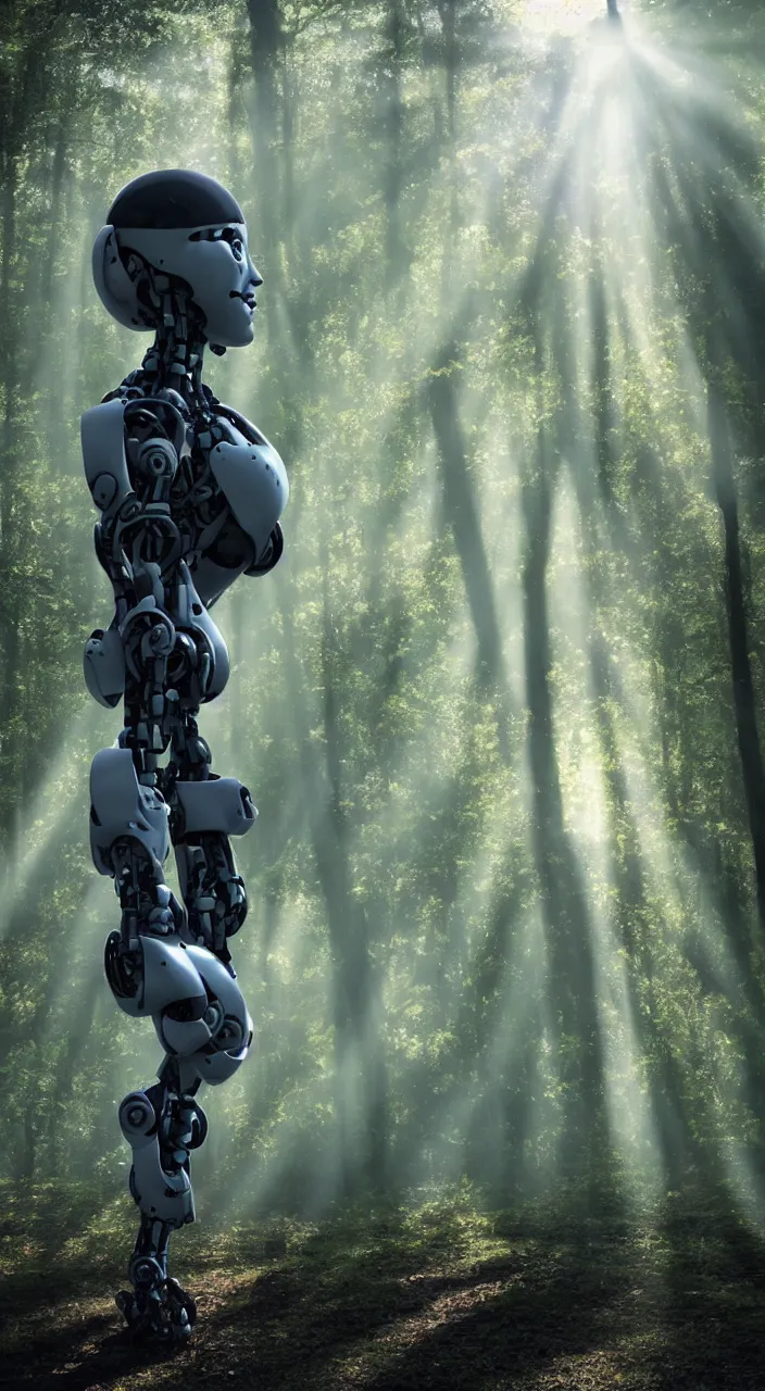 Image similar to a robot portrait in a movie, forest, cinematic shot, sun beams