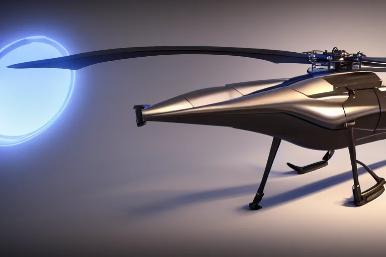 Image similar to still photo of a futuristic helicopter, highly detailed, photorealistic portrait, bright studio setting, studio lighting, crisp quality and light reflections, unreal engine 5 quality render