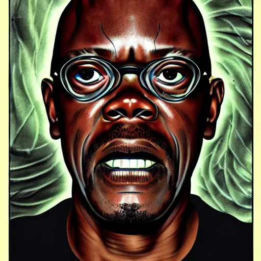 Image similar to samuel l jackson, hyper detailed, in the style of h. r. giger and junji ito and h. r. giger, selfie