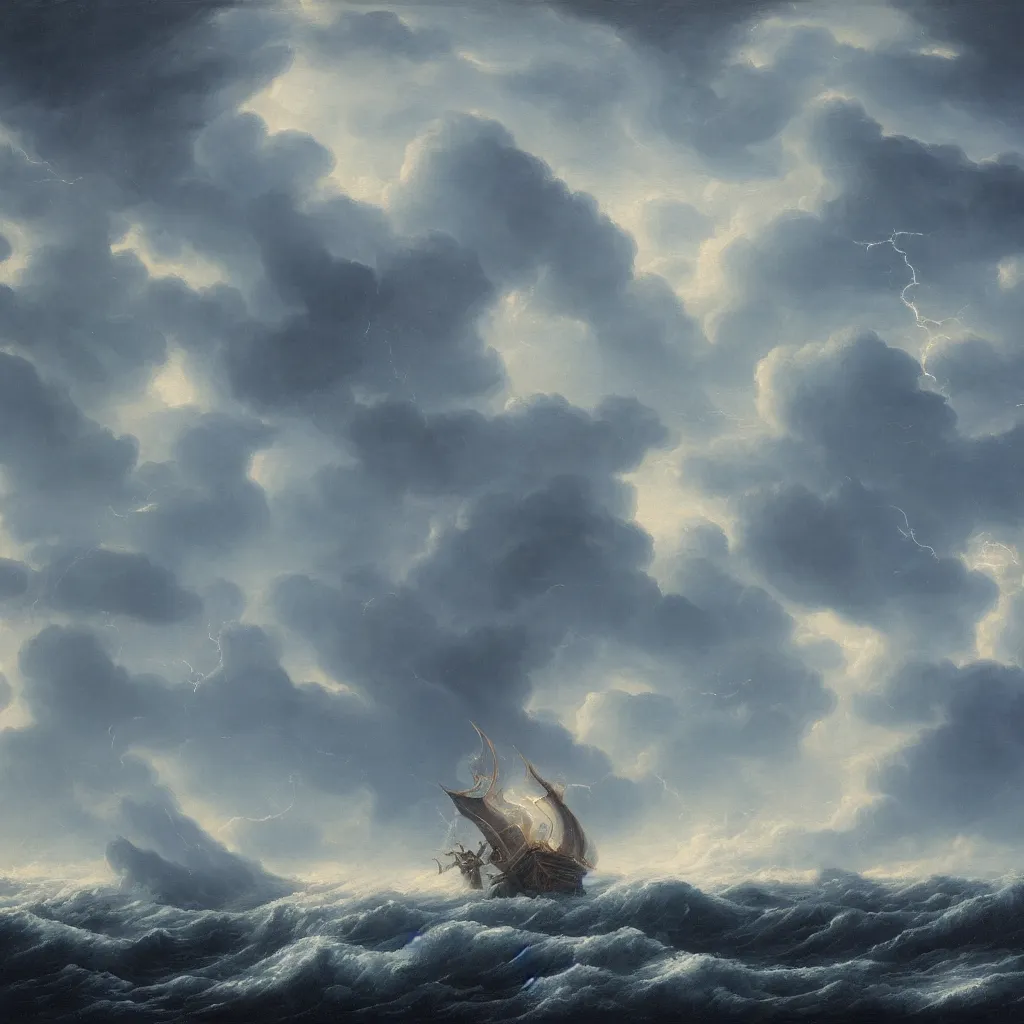 Image similar to a fantasy landscape of a kraken in a stormy sea, giant waves, lightning in the background, small boat, oil painting, 4 k