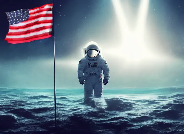 Image similar to astronaut holding a flag in an underwater desert. a submarine is visible in the distance. dark, concept art, cinematic, dramatic, atmospheric, 8 k, trending on artstation, blue, fish, low visibility, light rays, extremely coherent, bubbles, fog, ocean floor, christopher nolan, interstellar