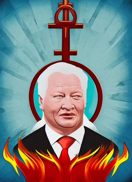 Image similar to president yeltsin in hell, infernal icon with a halo, color art in church style 8 k